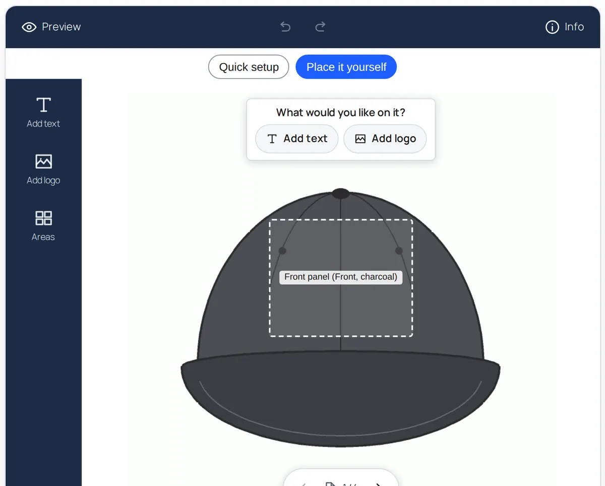 The StitchPress designer on a product page: a cap with a dashed placement zone on the front panel, Add text and Add logo buttons, Quick setup and Place it yourself modes.