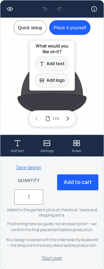 The StitchPress designer on a phone: the cap, a card asking what to put on it with Add text and Add logo, a bottom toolbar, quantity and Add to cart.