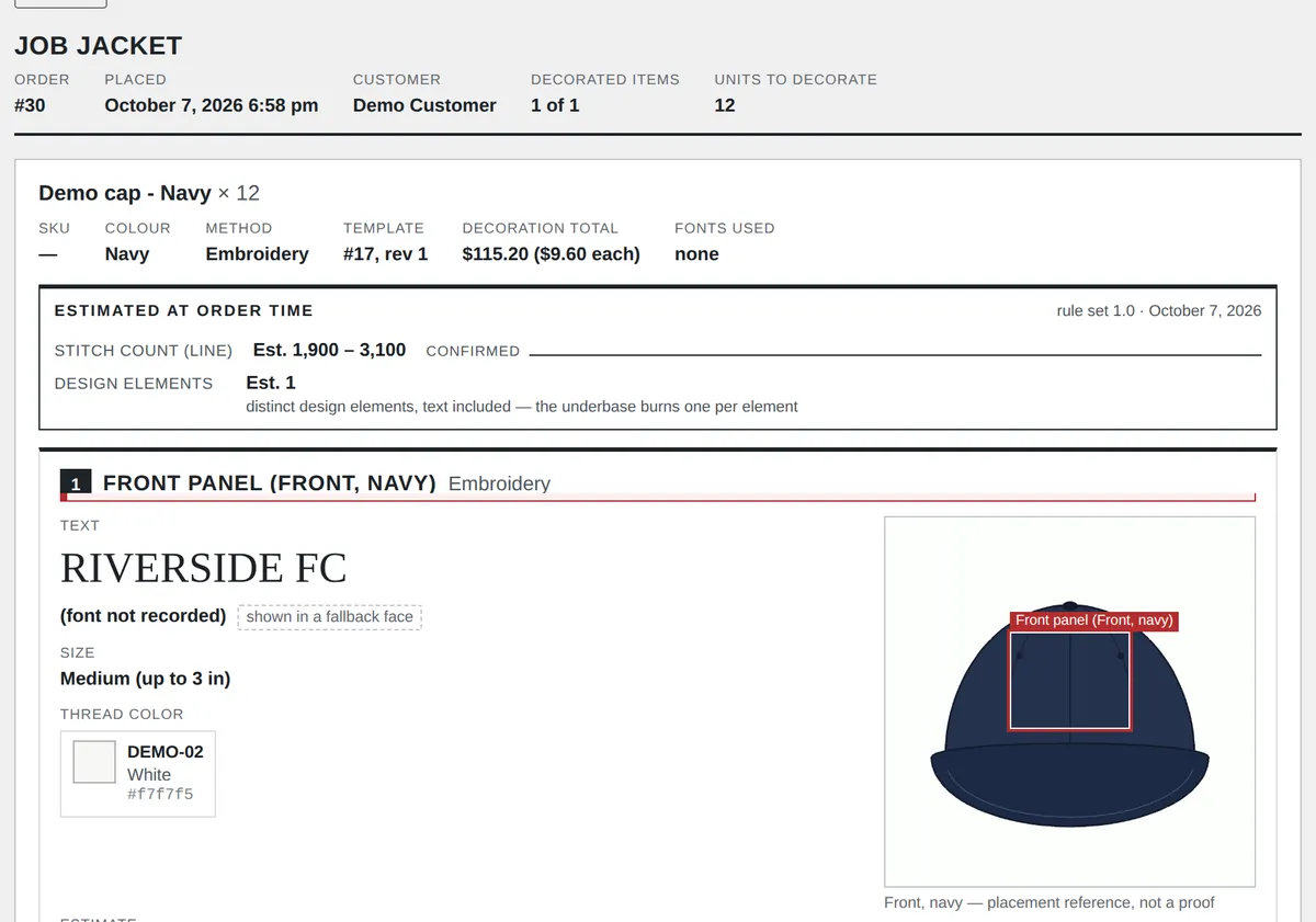 A printed Job Jacket: order number, customer, units to decorate, the placement with its size and thread colour, a stitch estimate, the garment reference drawing and a production record with blank lines for the stitch count, backing and hooping.