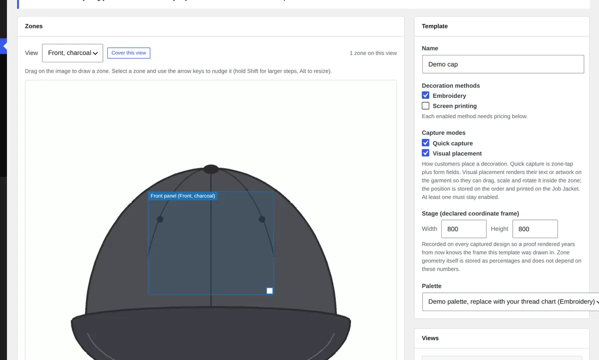 The decoration template editor: a cap drawing with a zone drawn on the front panel, a view selector, and the template's name, decoration methods, capture modes and palette on the right.